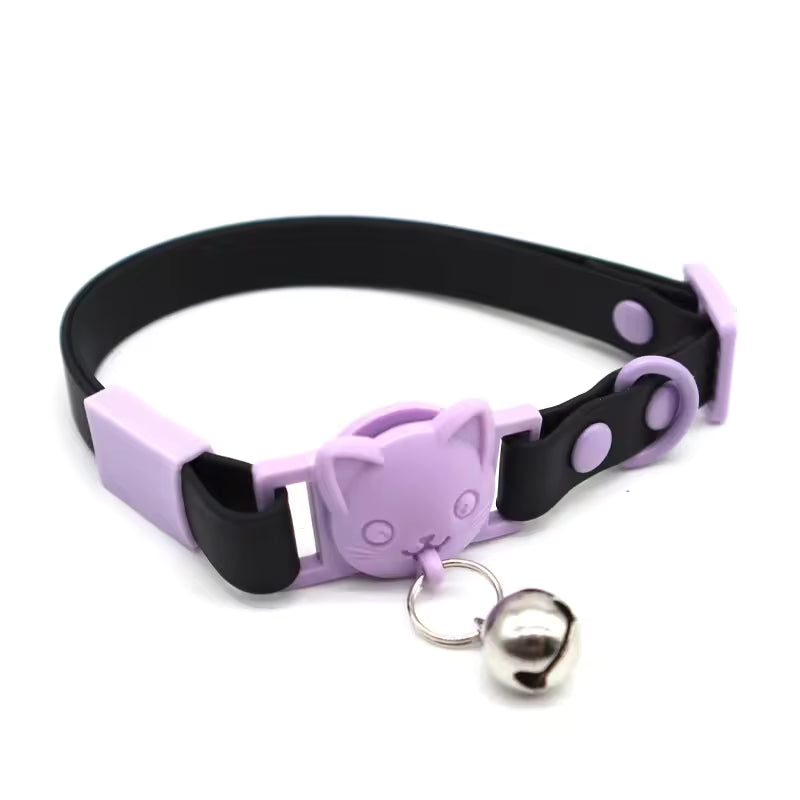 Purple and black cat collar with bell, cat-shaped clasp, pet accessory by Soulpurrpose