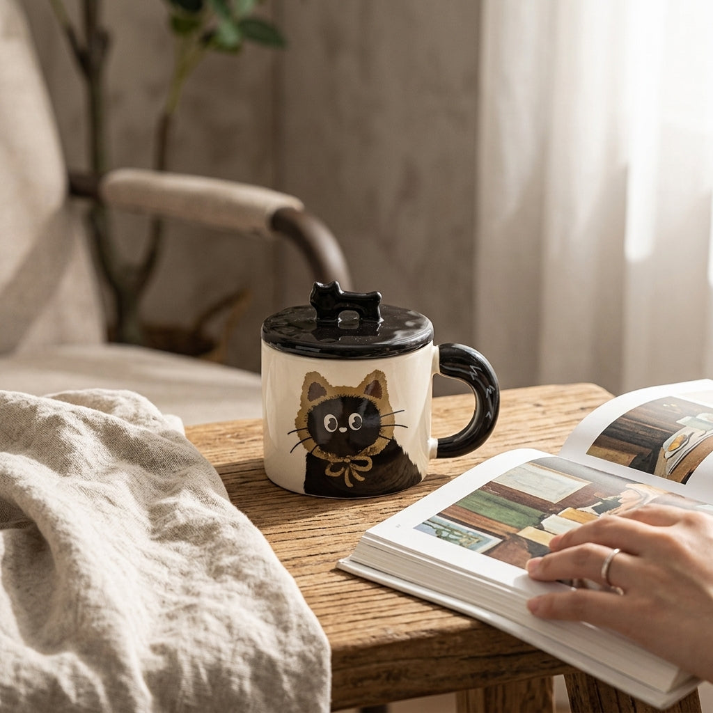 Ceramic Cat Mug with Lid