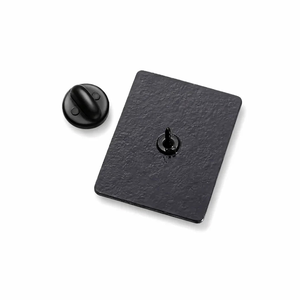 Black enamel pin back with clutch, Soulpurrpose accessory on white background