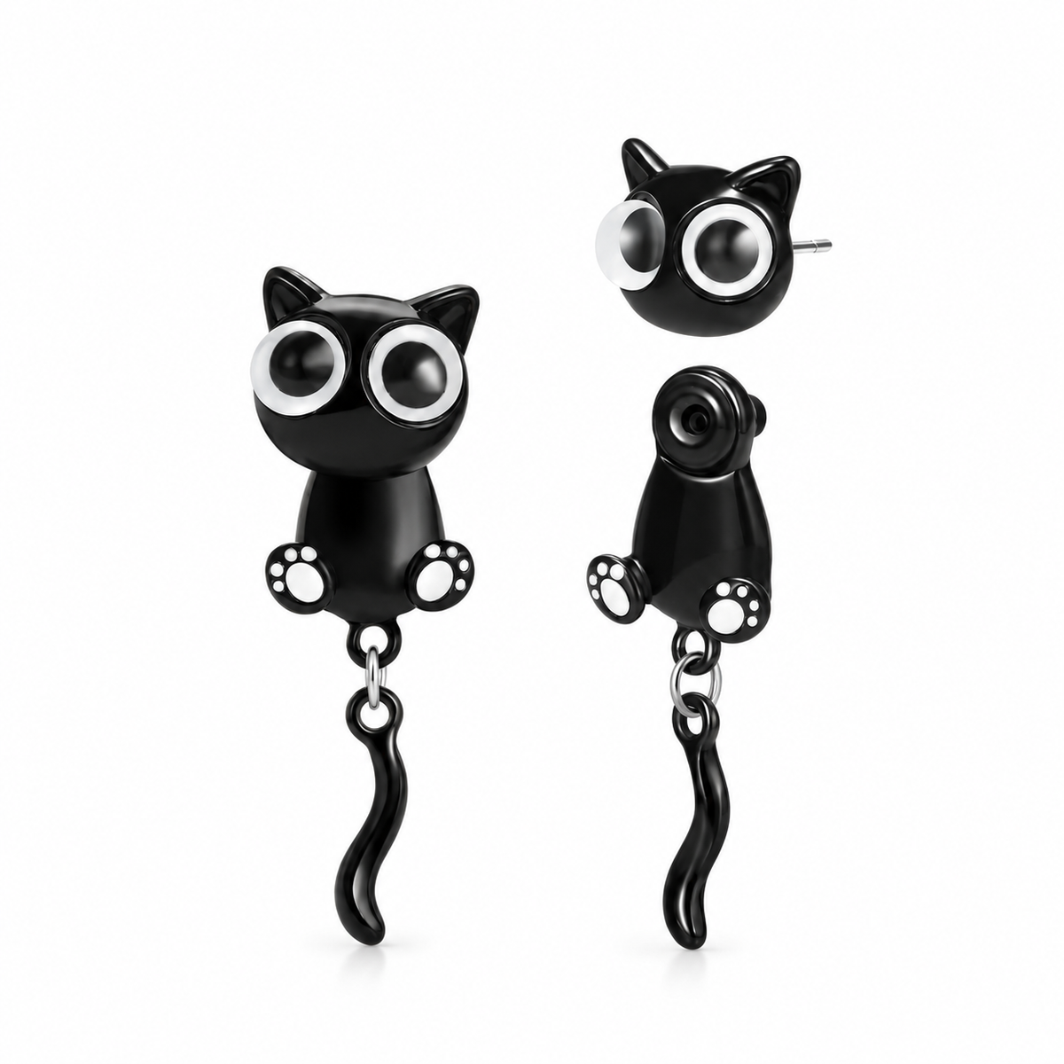 Black Cat Earrings with Dangling Tails