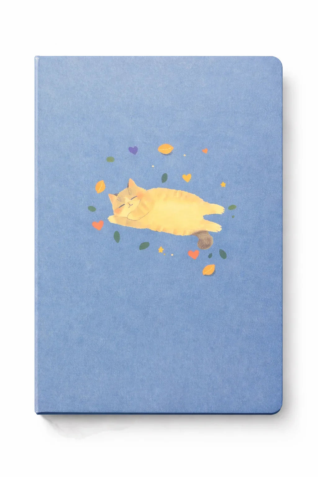 Blue journal with a sleeping orange cat and colorful hearts, leaves, and shapes on cover
