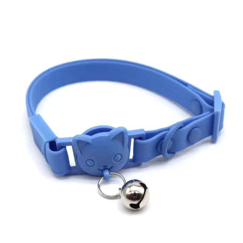 Blue cat collar with cat-shaped buckle and silver bell, Soulpurrpose pet accessory