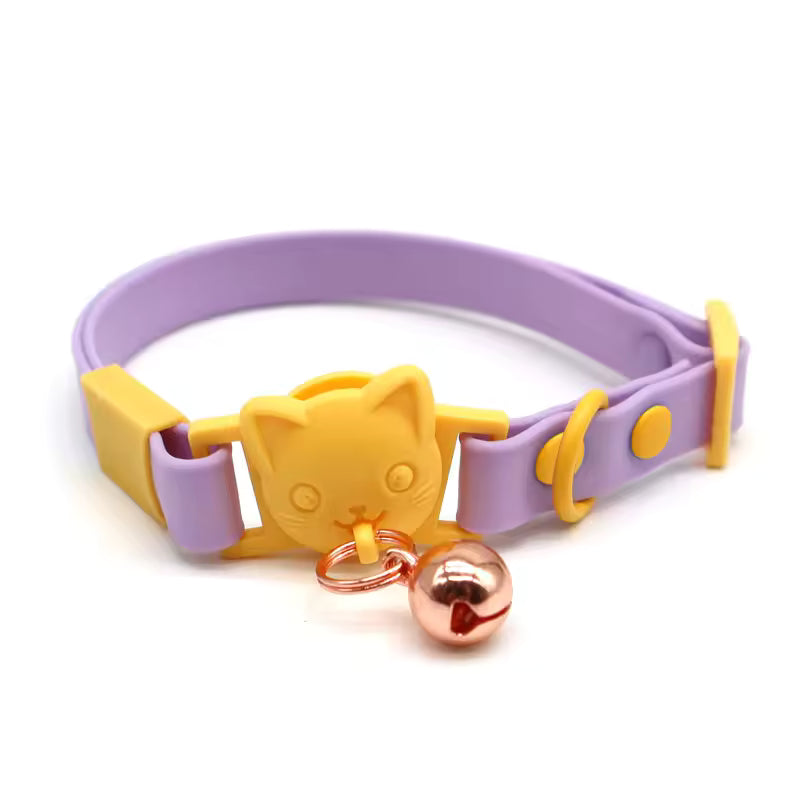 Cute purple and yellow cat collar with cat face buckle and gold bell, Soulpurrpose pet accessory