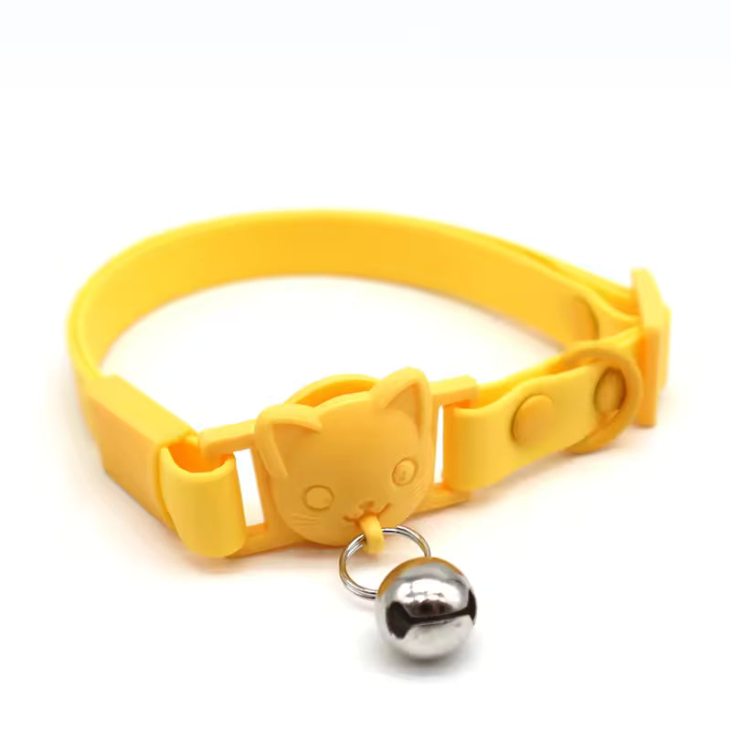 Yellow adjustable cat collar with cat face buckle and silver bell, pet accessory from Soulpurrpose
