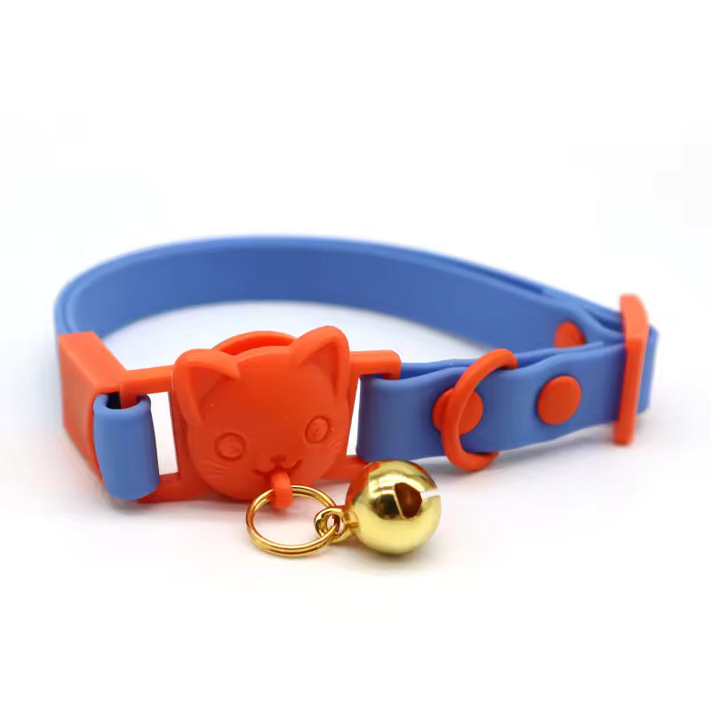 Blue and orange cat collar with cat face buckle and gold bell, Soulpurrpose pet accessory