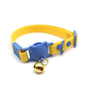 Blue and yellow cat collar with cat-shaped buckle and gold bell, Soulpurrpose pet accessory