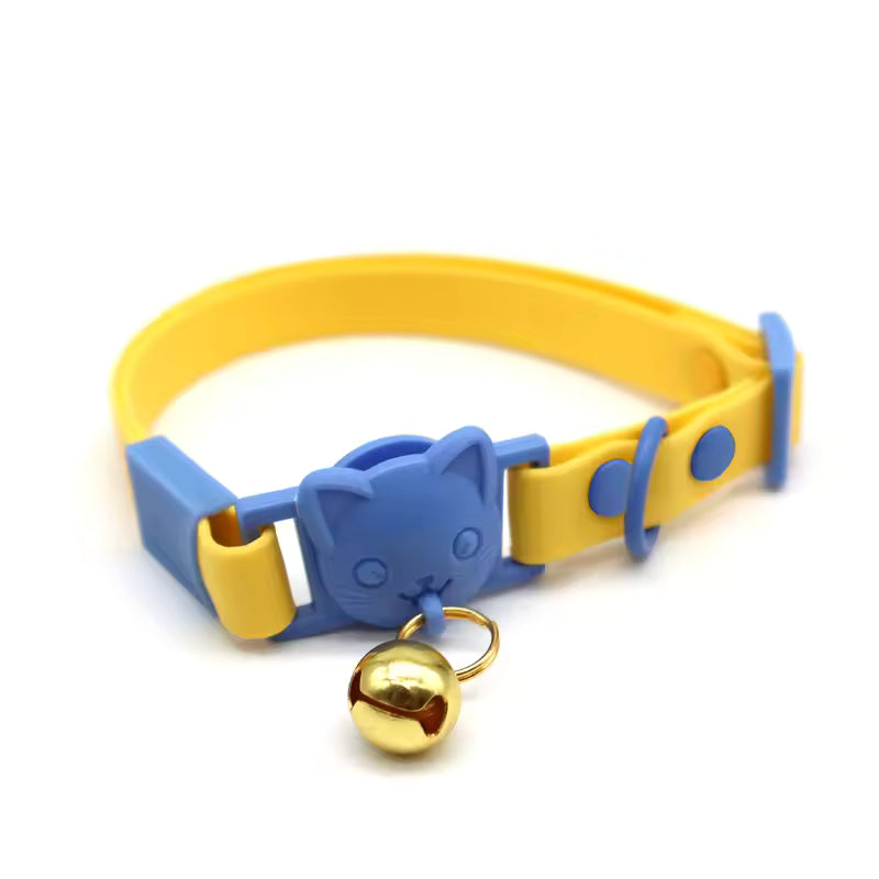 Blue and yellow cat collar with cat-shaped buckle and gold bell, Soulpurrpose pet accessory