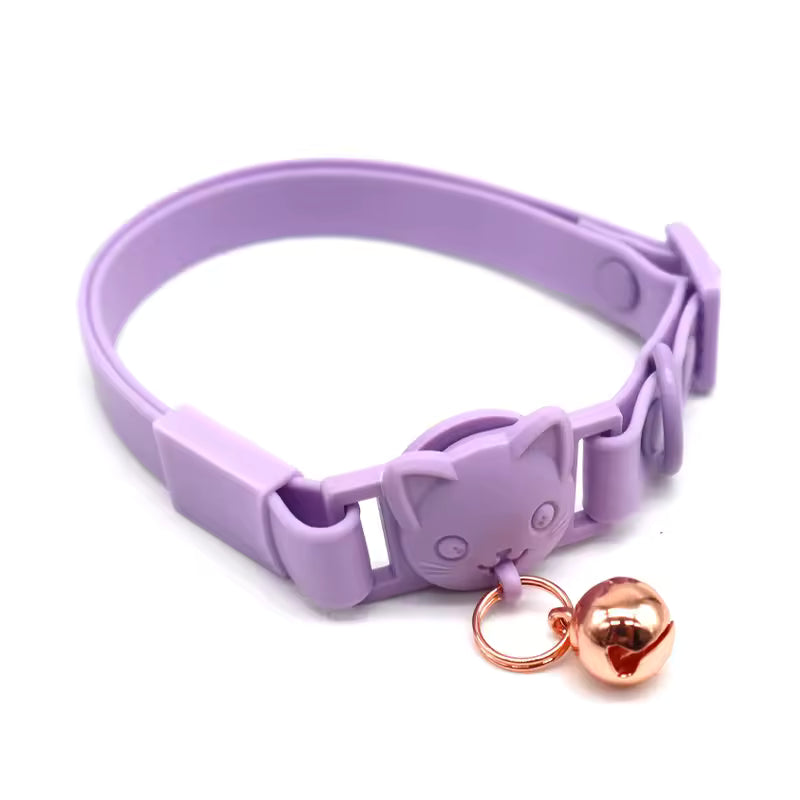 Purple cat collar with cute cat face buckle and rose gold bell, Soulpurrpose pet accessory