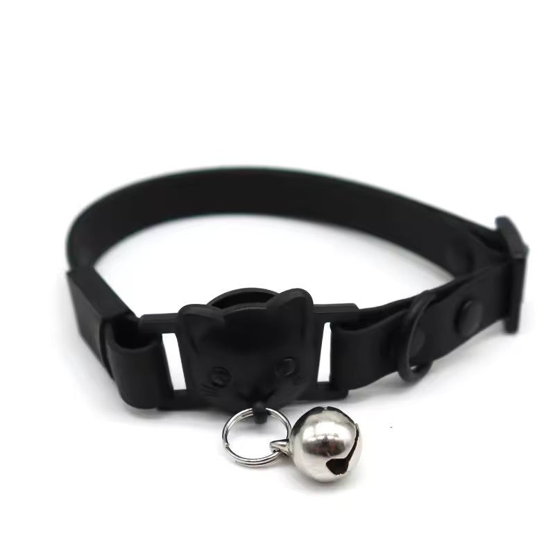 Black cat collar with cat-shaped buckle and silver bell, pet accessory from Soulpurrpose