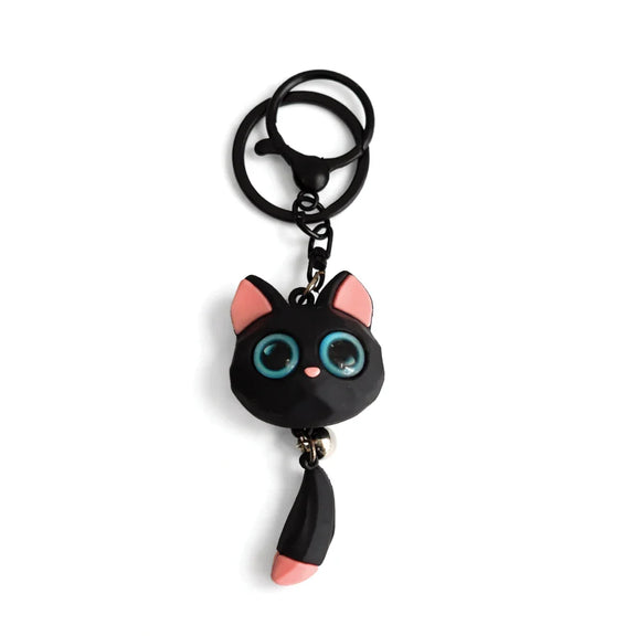 Black cat keychain with large blue eyes and pink ears, Soulpurrpose pet accessory