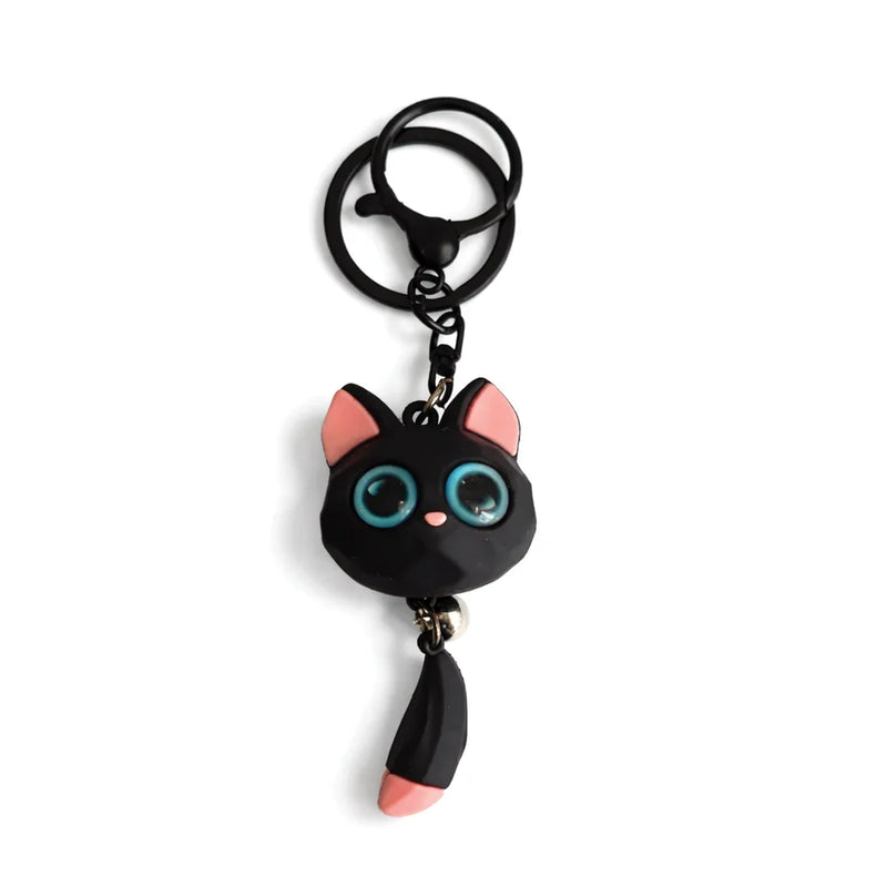Black cat keychain with large blue eyes and pink ears, Soulpurrpose pet accessory