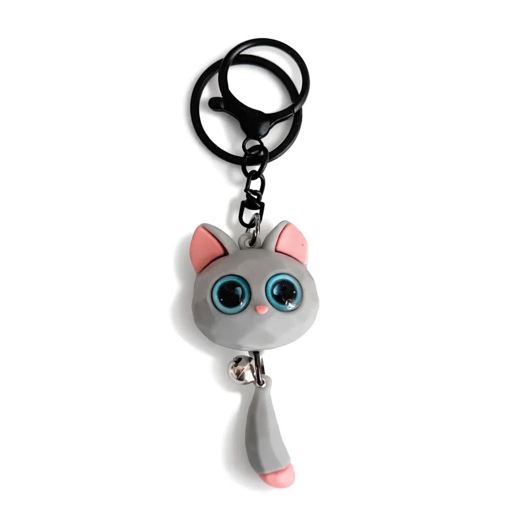 Cute gray cat keychain with blue eyes and pink ears, Soulpurrpose pet gift