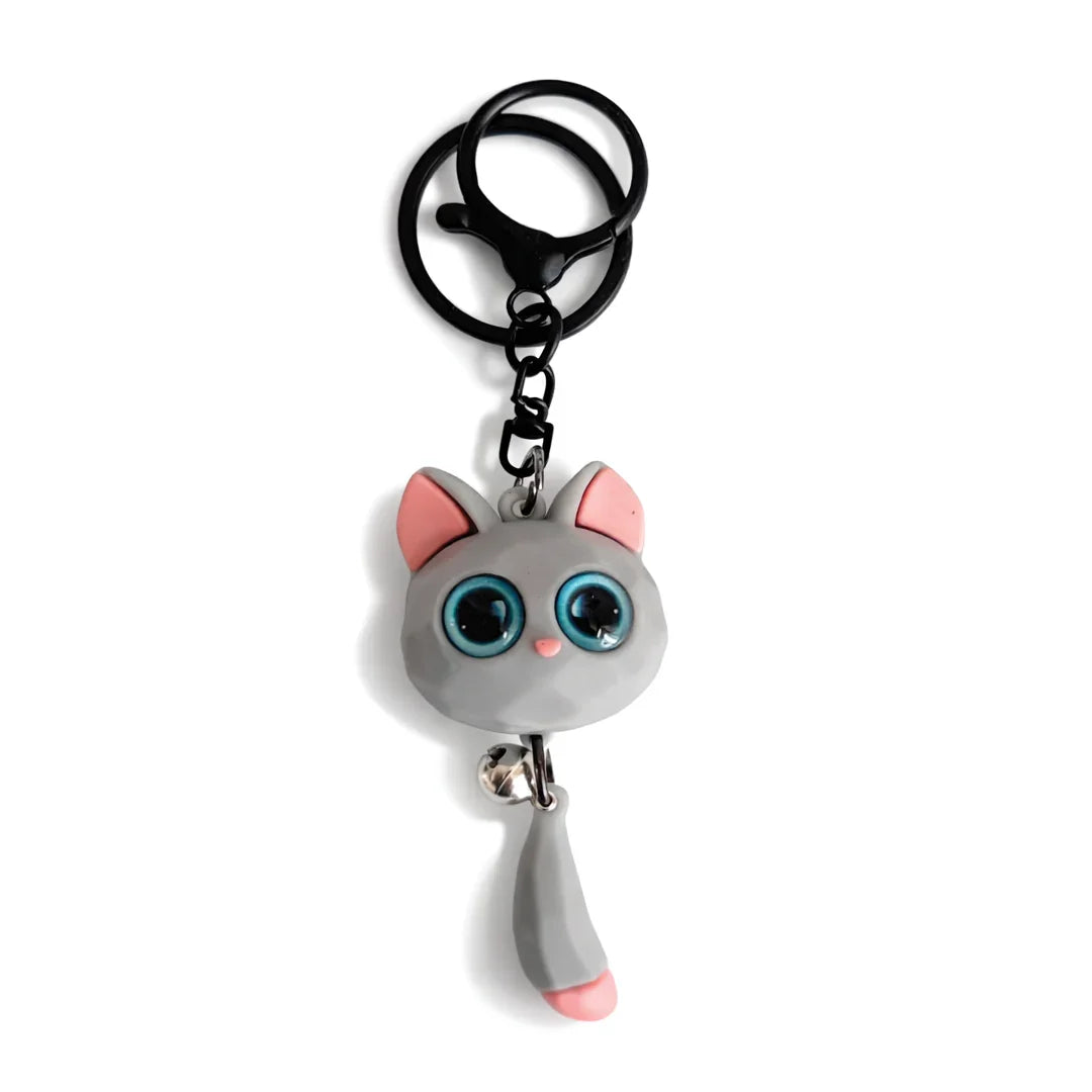 Cute gray cat keychain with blue eyes and pink ears, Soulpurrpose pet gift