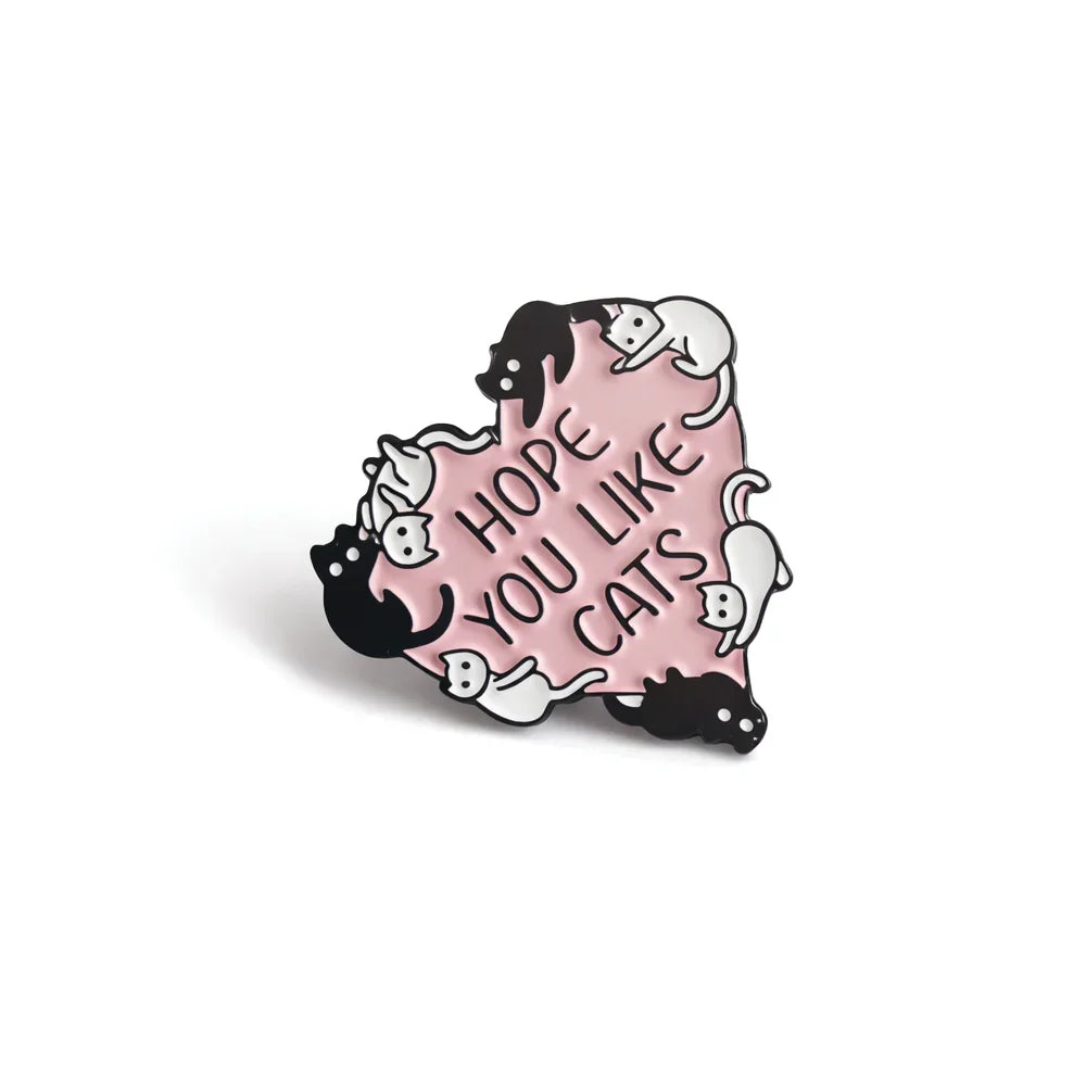 Pink heart-shaped cat enamel pin with 'Hope You Like Cats' text, Soulpurrpose gift idea