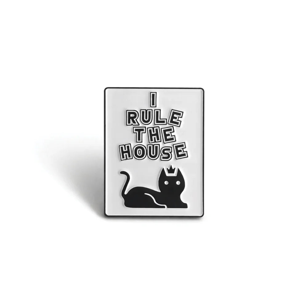 Soulpurrpose cat enamel pin with 'I Rule the House' and crowned black cat design