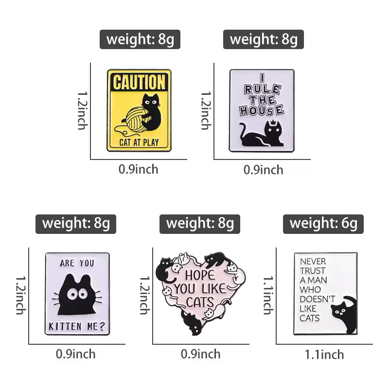 Set of five cat-themed enamel pins with playful slogans, black cat designs, and size details