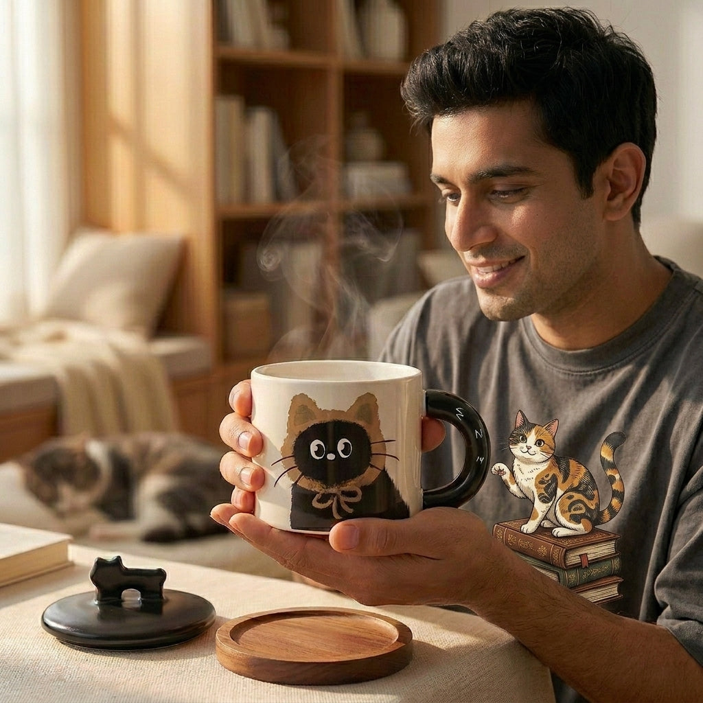 Ceramic Cat Mug with Lid
